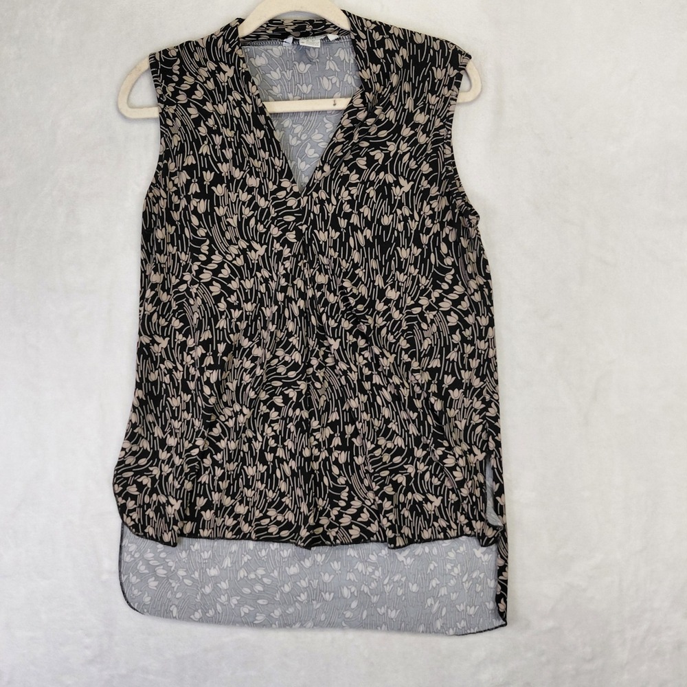 DKR Womens Small Black Tan Floral Tulip Bird Print High Low Sleeveless Tunic Top